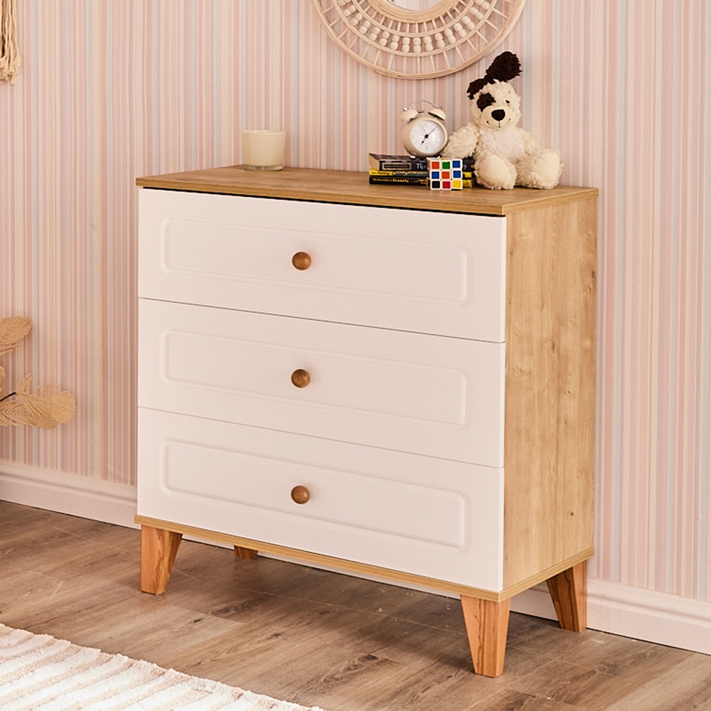 خزانة أدراج من تيفاني، لون خشب البلوط والأبيض