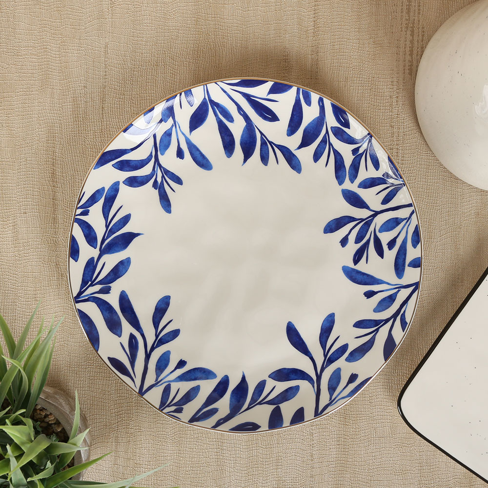 Elegance Leaf Dinner Plate, White & Blue – 26 cms