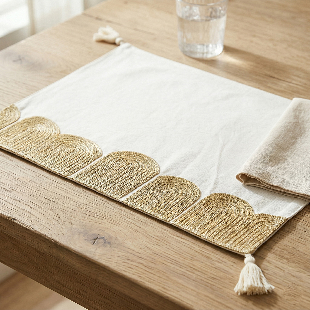 مفرش طعام مطرز، أبيض وذهبي - 33 × 48 سم