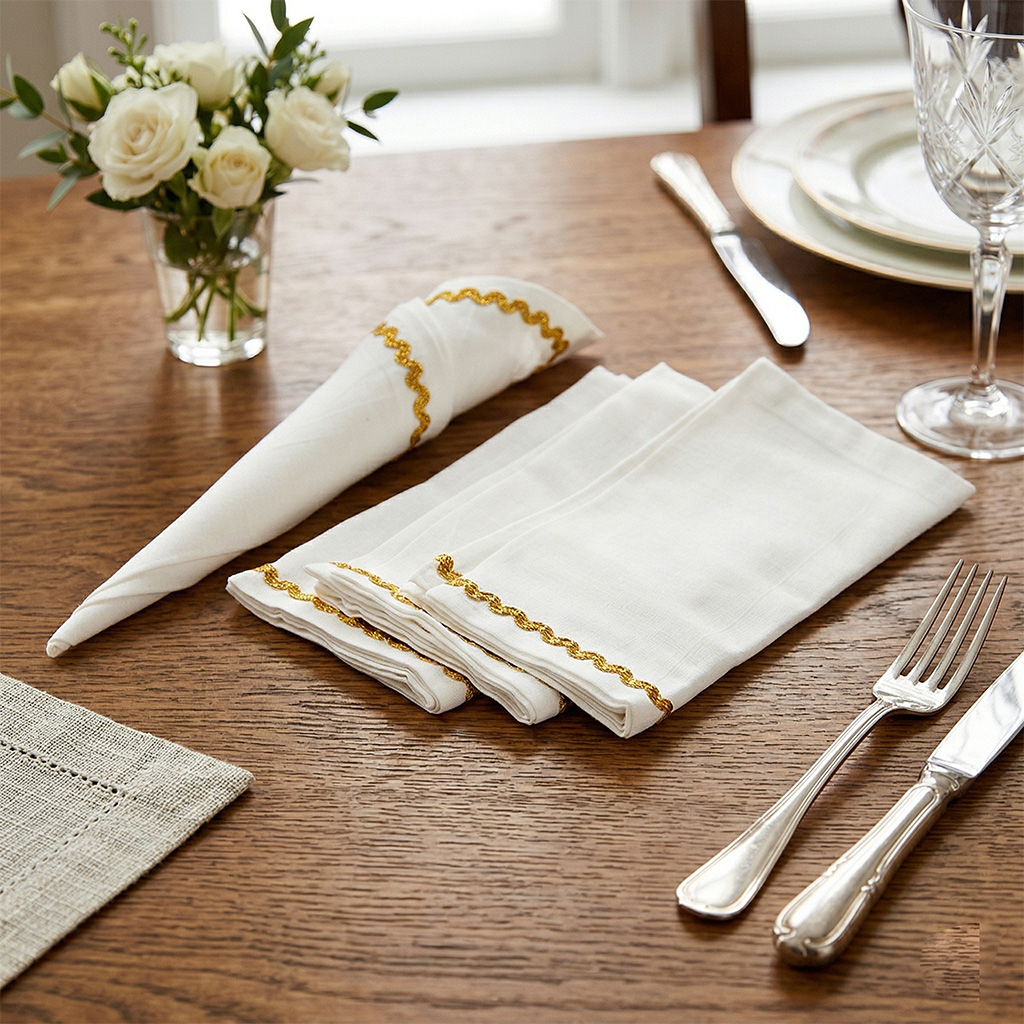 طقم مناديل سارة 4 قطع، أبيض وذهبي - 45 × 48 سم