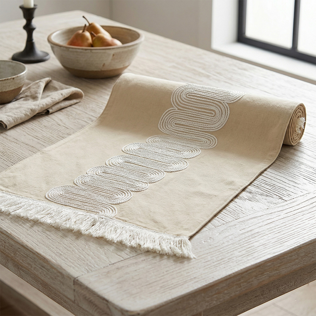 Fused Embroidered Table Runner, Beige & Silver - 33x180cm
