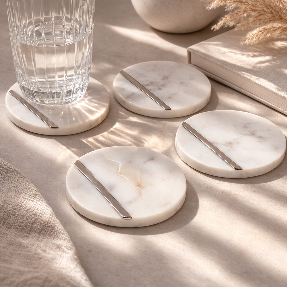 طقم قواعد أكواب رخامية مكون من 4 قطع، أبيض - 10 سم