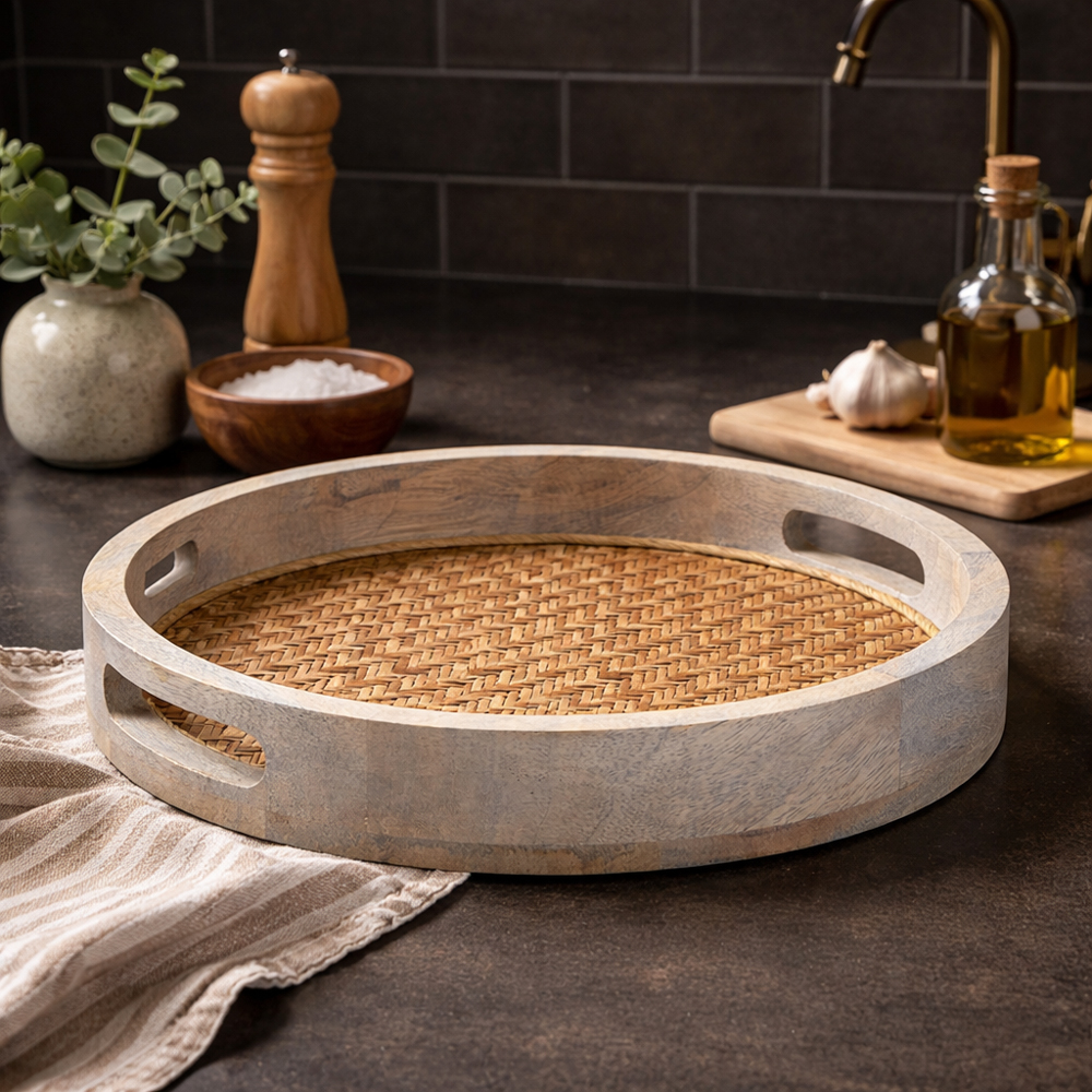 Round Serving Tray, Brown - 33x5cm