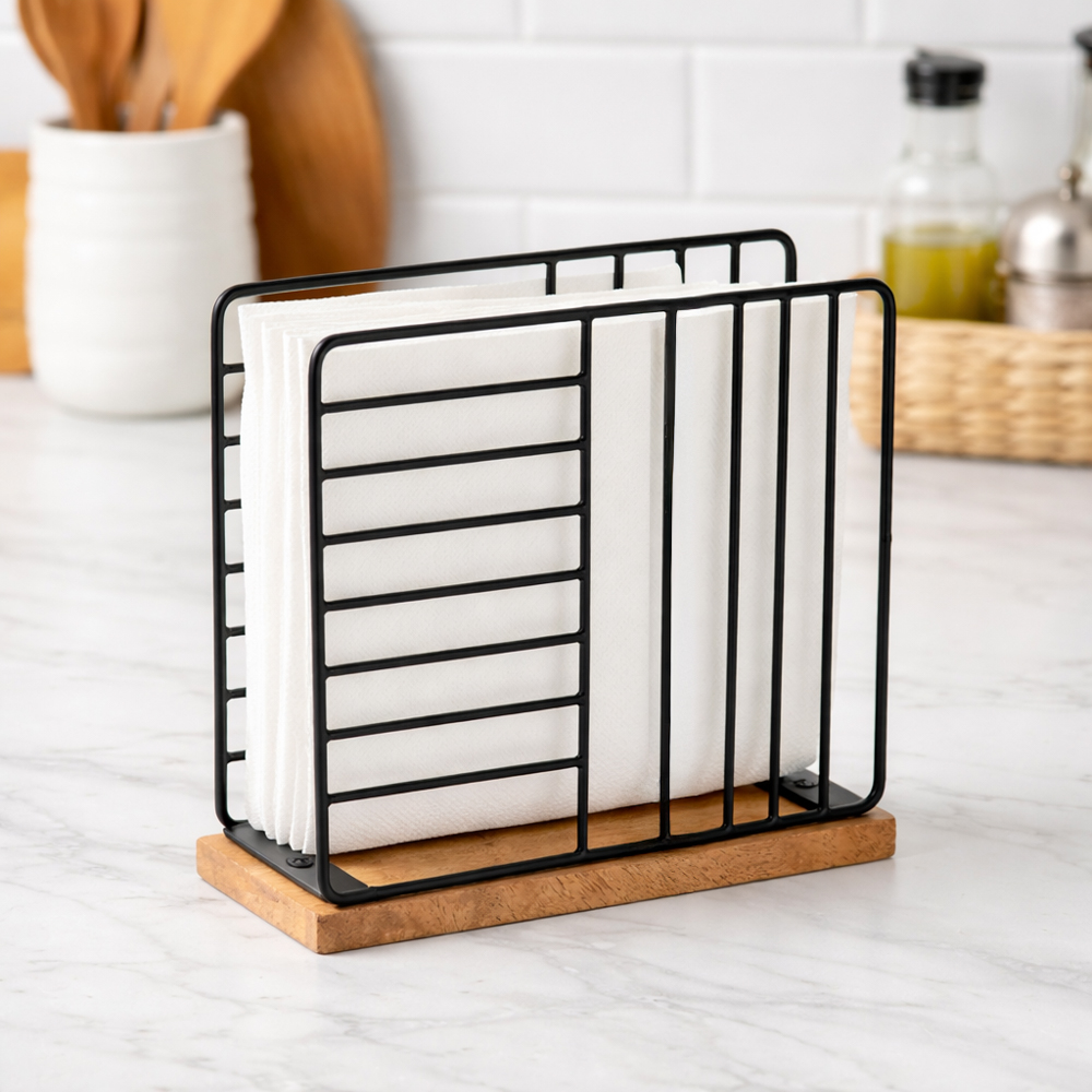 حامل مناديل، طبيعي وأسود - 15×6×16 سم