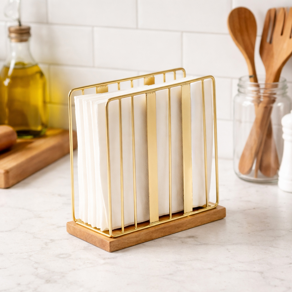 حامل مناديل، طبيعي وذهبي - 15×5×16 سم