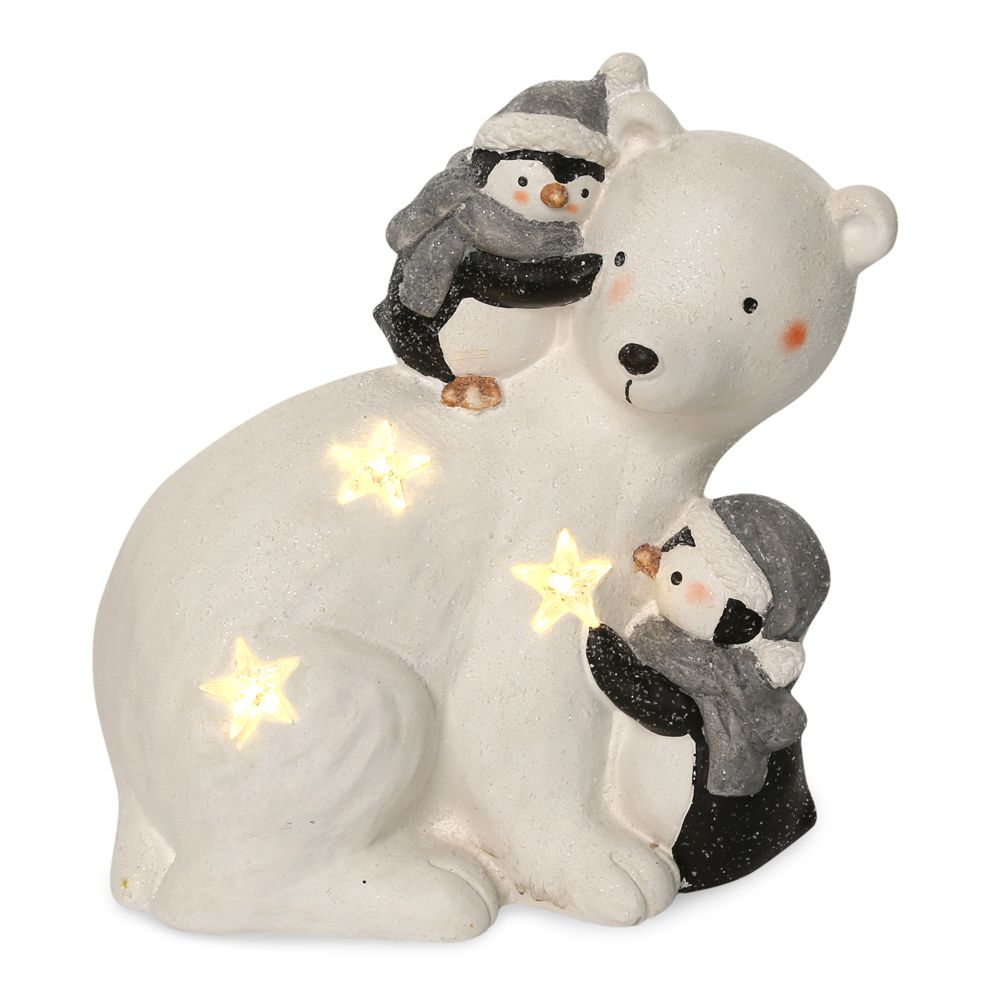 تمثال صغير لدب قطبي مع البطاريق مزود بإضاءة ليد، أبيض – 36 سم