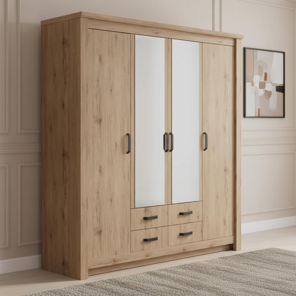 خزانة ملابس صيفي 4 أبواب مع مرايا براكستون، بلوط 