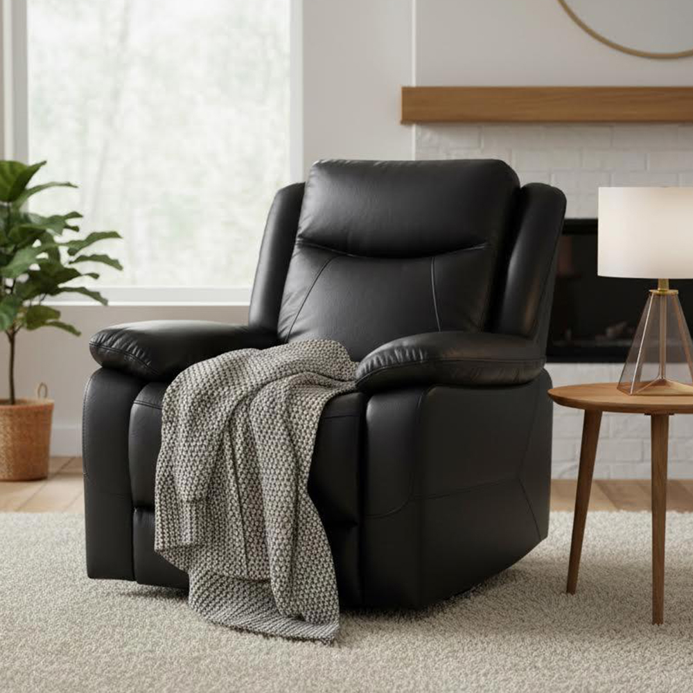 كنب ريكلاينر نصف جلدي من دانويل، أسود