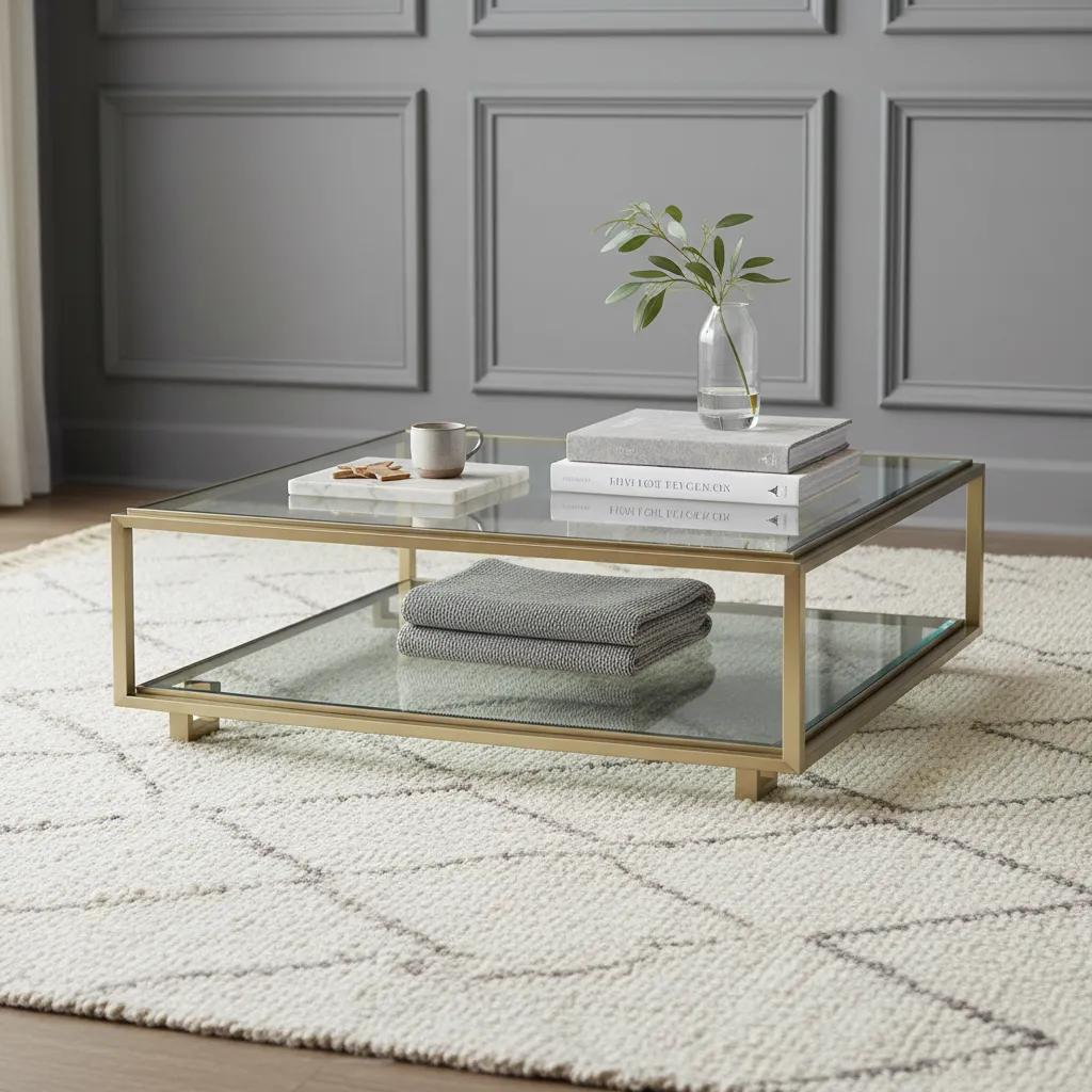 طاولة قهوة أوليفر الجديدة بسطح زجاجي، ذهبي فاتح