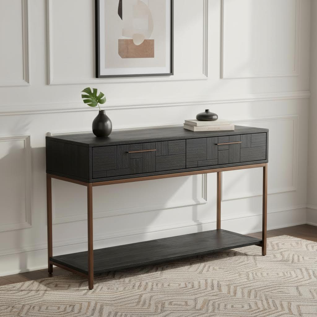 طاولة كونسول هانوي بدرجين ورف سفلي، أسود