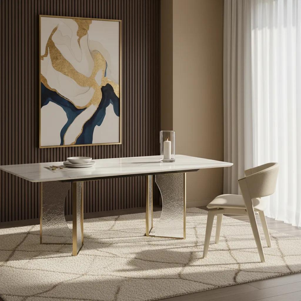 Denton Marble Top 8-Seater Dining Table, White & Gold 