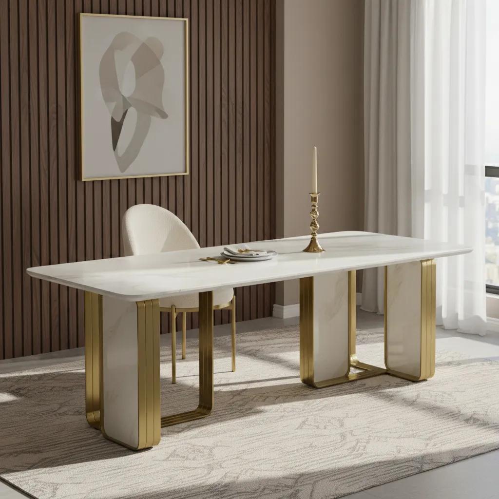 New Scala 6-Seater Dining Table, Beige & Gold - 220x100cm