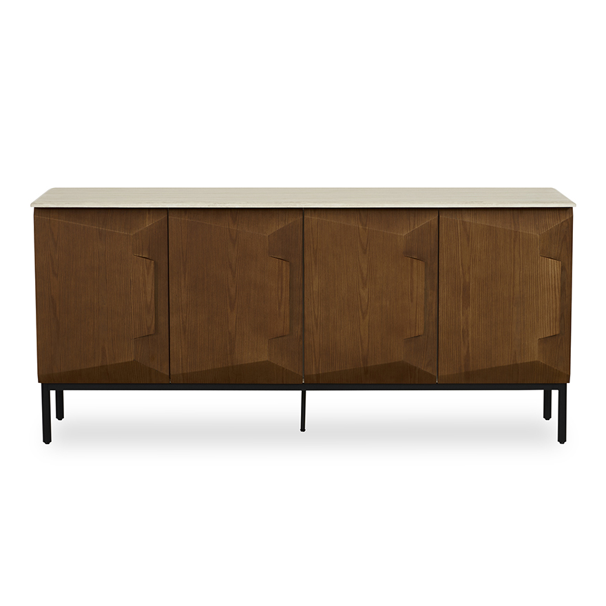 Amelia Wooden Sideboard With Sculpted Doors & Marble Top, Brown