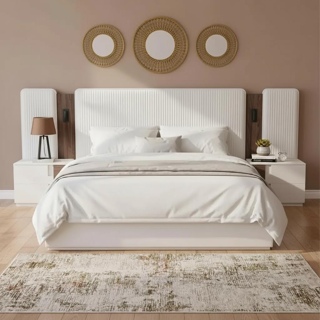 سرير مع مصباحين ليد ومنضدتي سرير من نافاجو، جوزي وكريمي - 180x200 سم