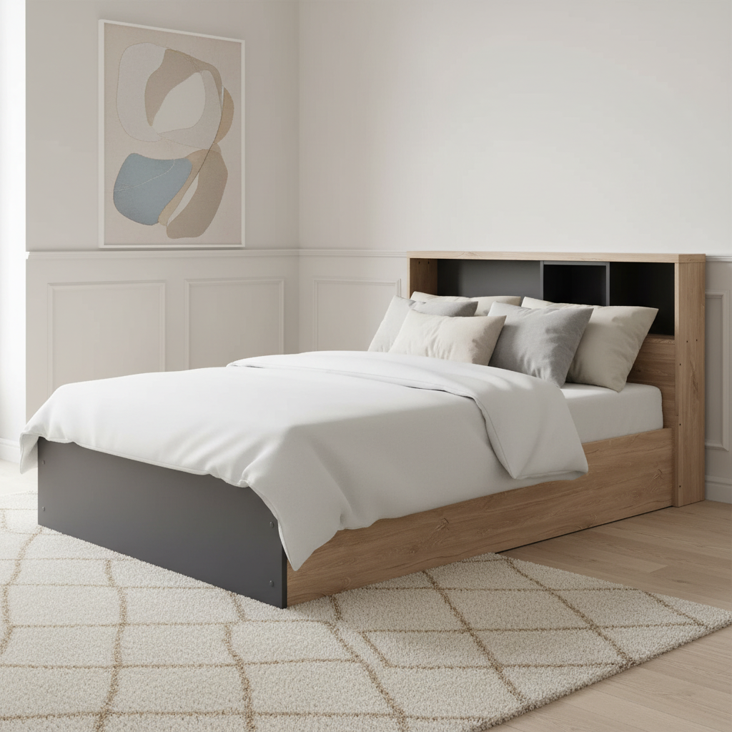 April Double-Sized Bed, Ivory, Oak & Anthracite - 120x200 cm