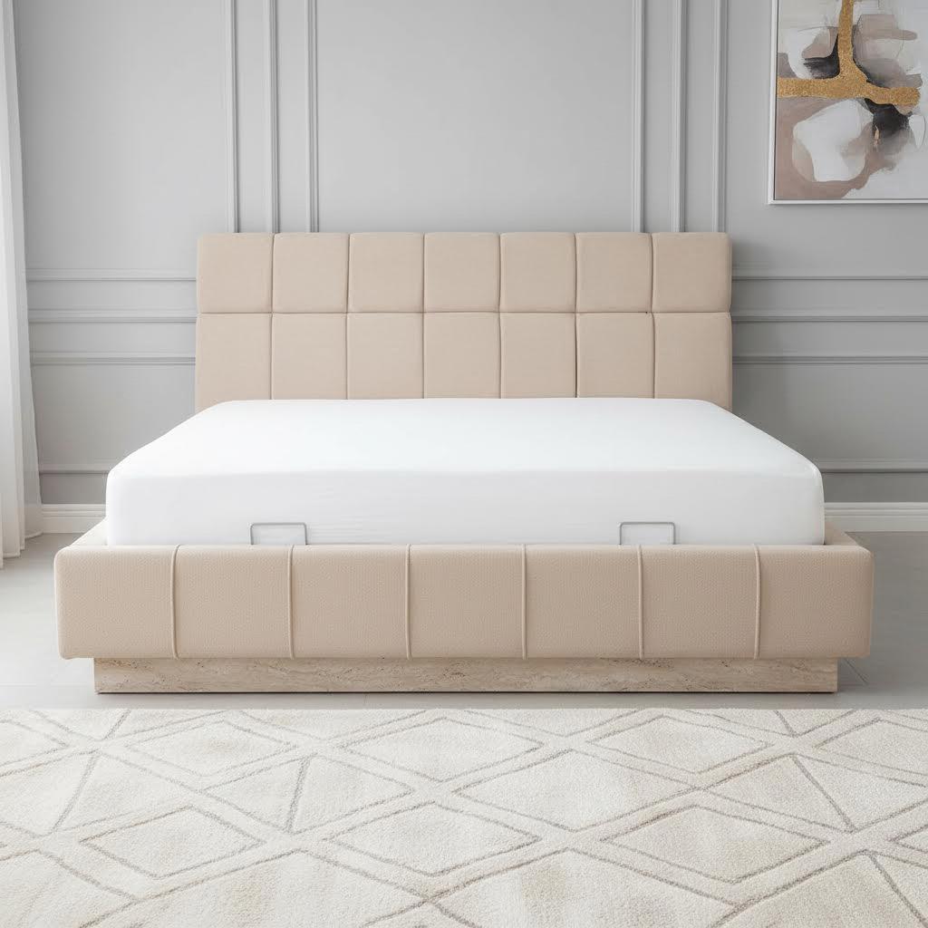 Summer King-Sized Bed with Tufted Headboard & Hydraulic Storage, Beige - 180x200cm