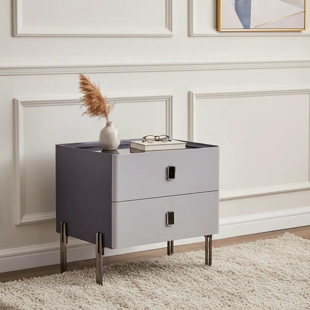 Daisy 2-Drawer Nightstand With Glass Top & Metal Legs, Grey