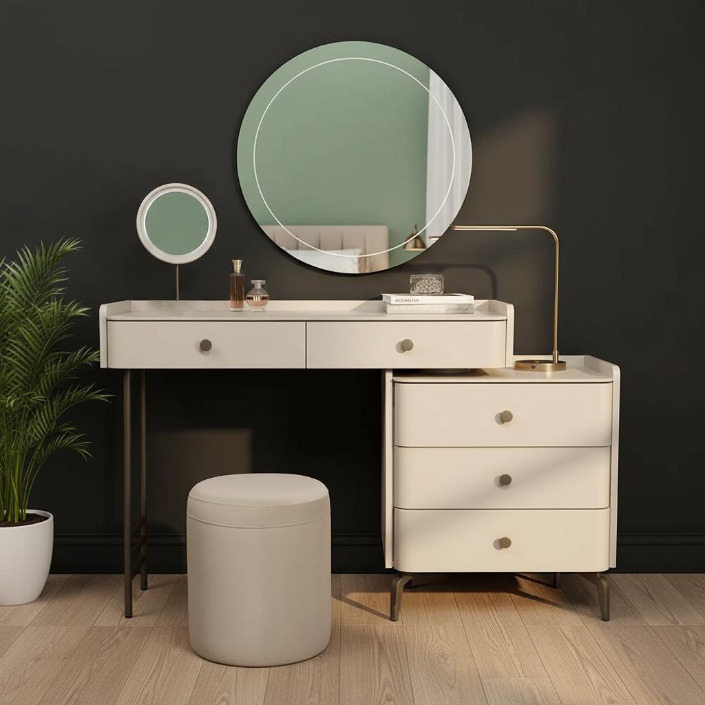 Bira Dresser with Mirror & Pouffe, White