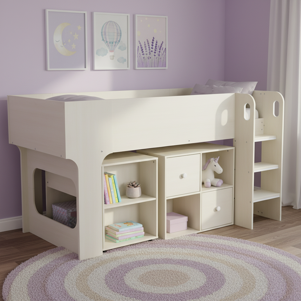 Alaska Single-Sized Bed With Desk & Shelves, Beige - 190x90cm